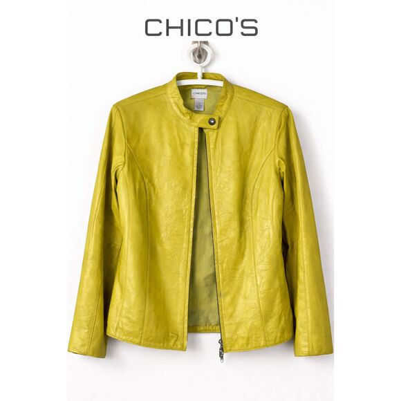 Chico's Jackets & Blazers - Chico's Lime Green 100% Leather Jacket Moto Zip Snap Collar Size 1 M/L
